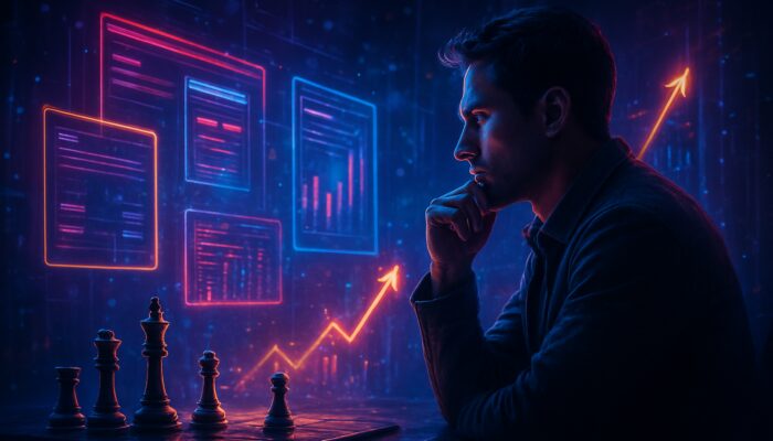 Cyberpunk analyst reviewing holographic SEO charts, competitor sites, and rising traffic arrows in neon cyberspace