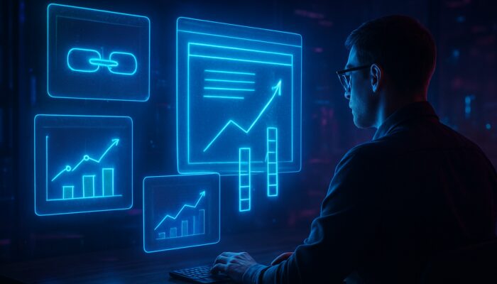 Cyberpunk digital strategist analyzing holographic SEO competitor graphs and rankings on floating screens.