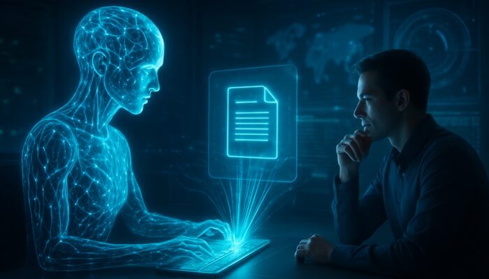 Futuristic AI with glowing neural networks automating writing and media in sleek studio with human strategist