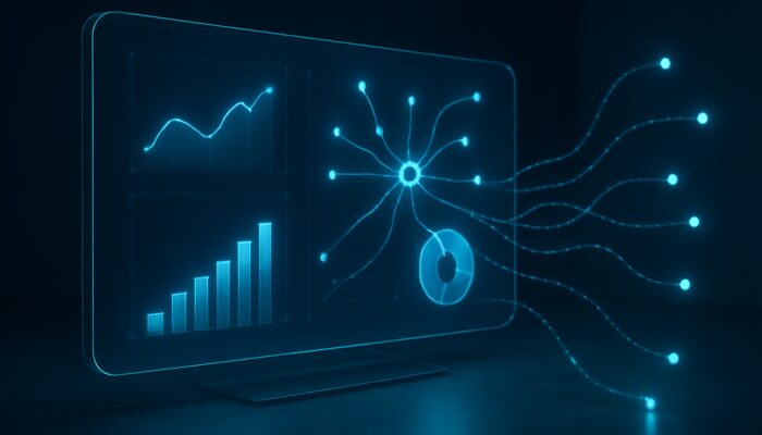 Sleek holographic dashboard displaying real-time keyword metrics with glowing charts and automated data streams.