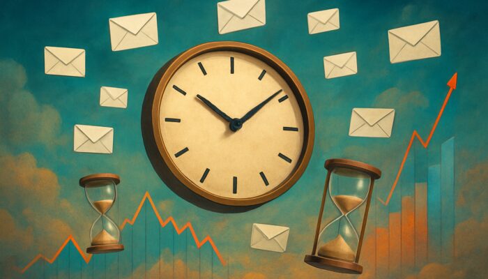 Surreal illustration of floating email envelopes orbiting a giant clock with hourglasses and engagement graphs.