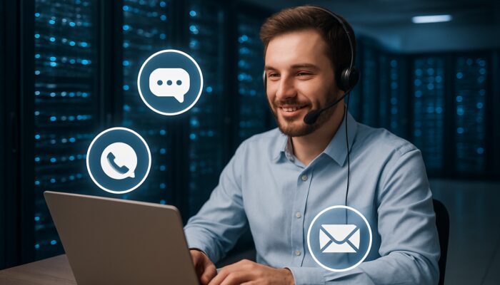Friendly tech support agent aiding VPS client via chat, phone, email icons in glowing data center